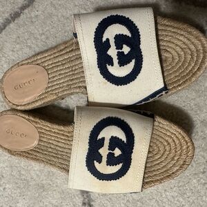 Gucci Cream and Navy Espadrille Sandals